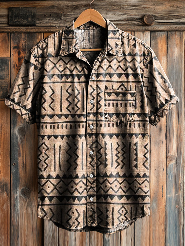Men's Retro Line Art Print Lapel Short Sleeve Pocket Shirt