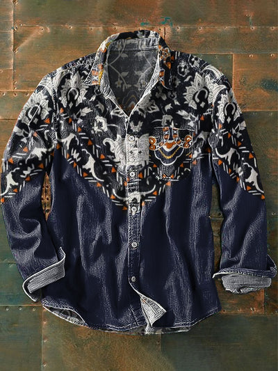 Men's Vintage Ethnic Floral Art Print Long Sleeve Pocket Shirt