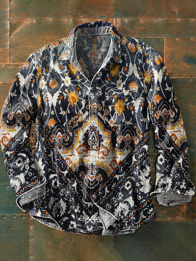 Men's Vintage Ethnic Geometric Art Print Long Sleeve Pocket Shirt