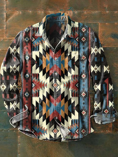 Men's Western Style Pattern Printed Casual Lapel Long Sleeve Shirt