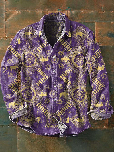 Men's Retro Ethnic Rhino Print Casual Lapel Long Sleeve Shirt