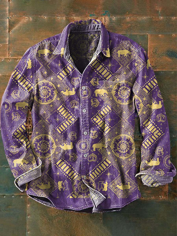 Men's Retro Ethnic Rhino Print Casual Lapel Long Sleeve Shirt