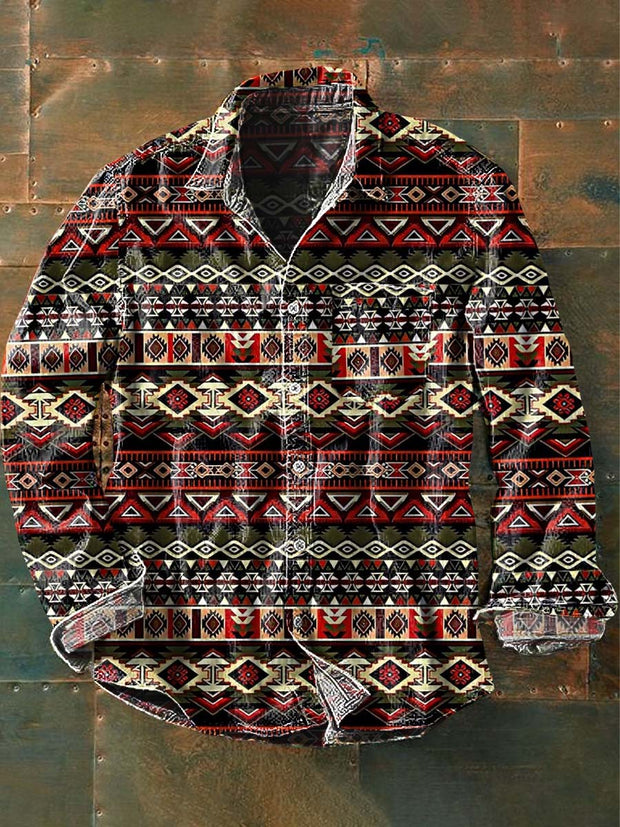Men's Vintage Western Style Pattern Printed Casual Lapel Long Sleeve Shirt