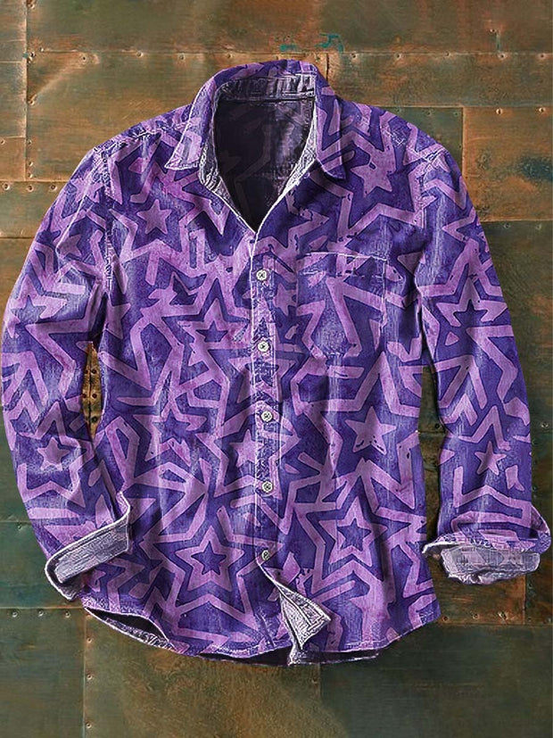 Men's Retro Abstract Star Print Casual Lapel Long Sleeve Shirt