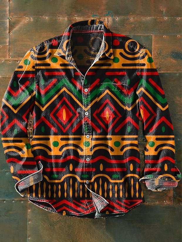 Men's Vintage Western Style Pattern Printed Casual Lapel Long Sleeve Shirt