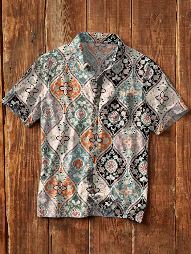 Men's Retro Ethnic Floral Print Casual Lapel Short Sleeve Shirt