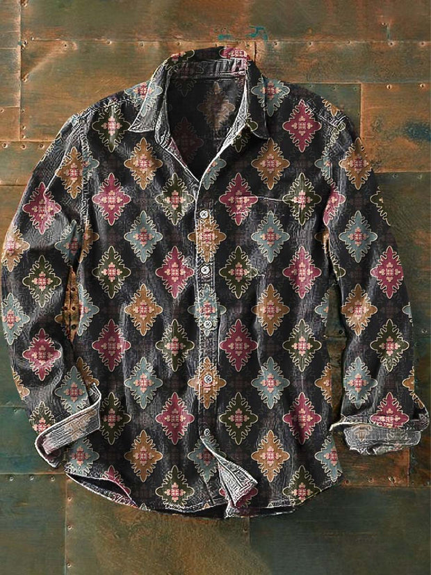 Men's Retro Ethnic Printed Casual Lapel Long Sleeve Shirt