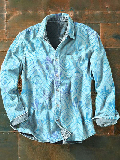 Men's Retro Abstract Floral Print Casual Lapel Long Sleeve Shirt