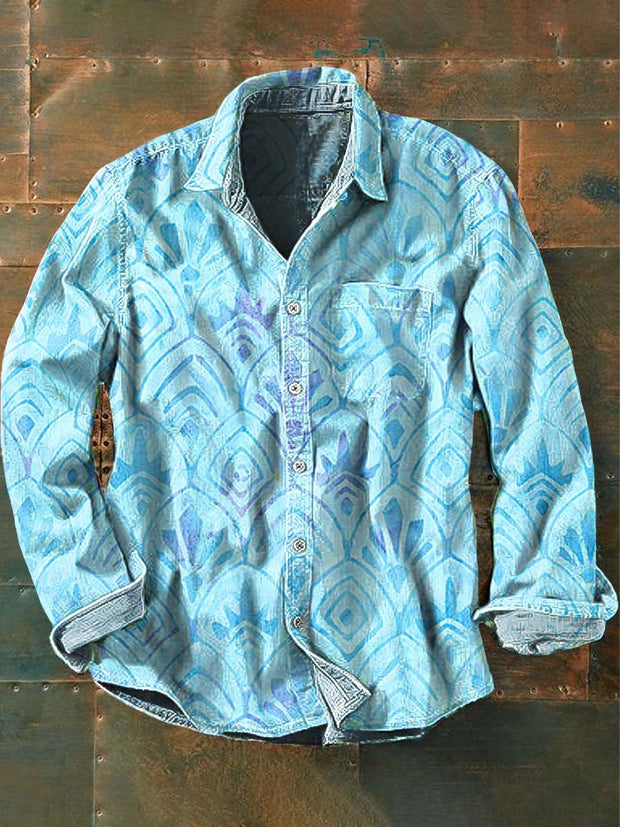 Men's Retro Abstract Floral Print Casual Lapel Long Sleeve Shirt