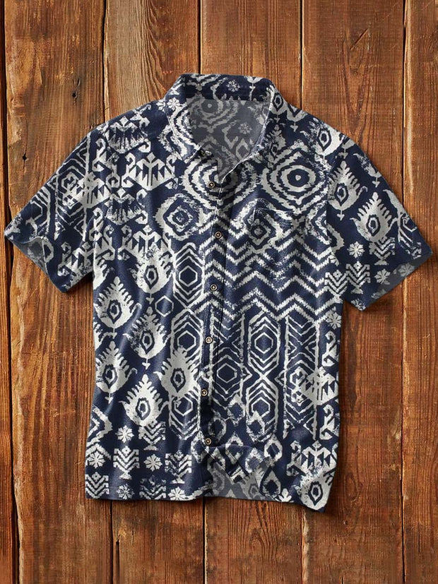 Men's Vintage Western Style Printed Casual Lapel Short Sleeve Shirt
