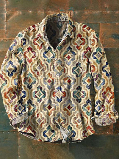 Men's Retro Ethnic Printed Casual Lapel Long Sleeve Shirt