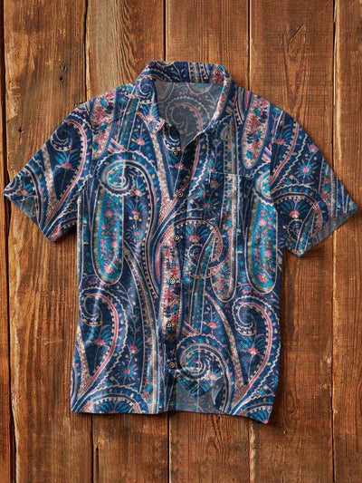 Men's Retro Floral Print Casual Lapel Short Sleeve Shirt