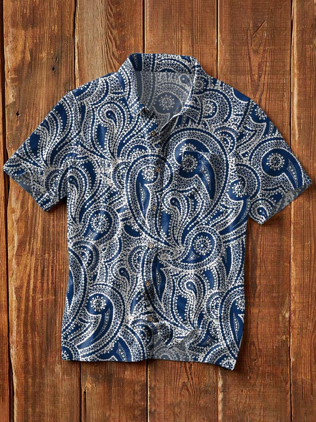 Men's Retro Floral Print Casual Lapel Short Sleeve Shirt