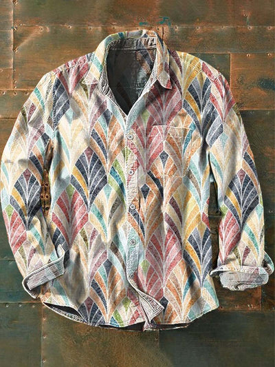 Men's Retro Ethnic Printed Casual Lapel Long Sleeve Shirt