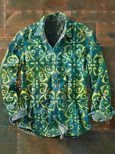 Men's Retro Ethnic Floral Print Casual Lapel Long Sleeve Shirt