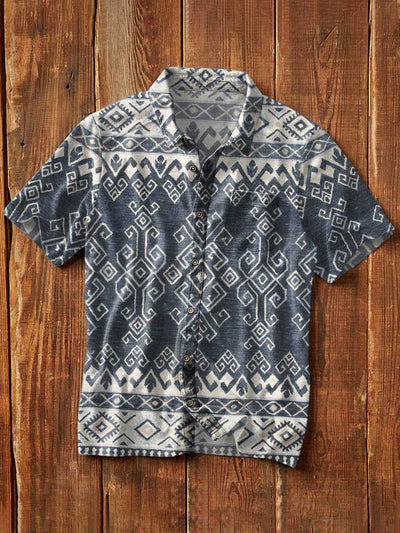 Men's Vintage Western Style Printed Casual Lapel Short Sleeve Shirt