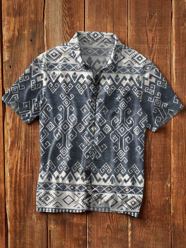 Men's Vintage Western Style Printed Casual Lapel Short Sleeve Shirt