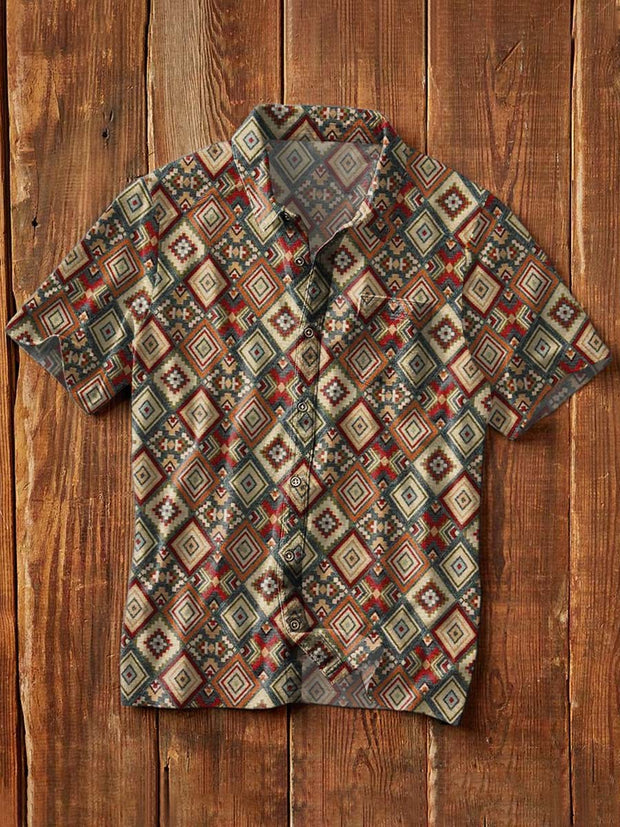 Men's Vintage Western Ethnic Print Casual Lapel Short Sleeve Shirt