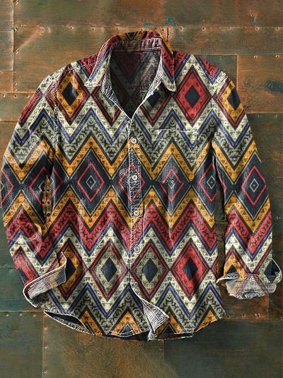 Men's Vintage Western Style Pattern Printed Casual Lapel Long Sleeve Shirt