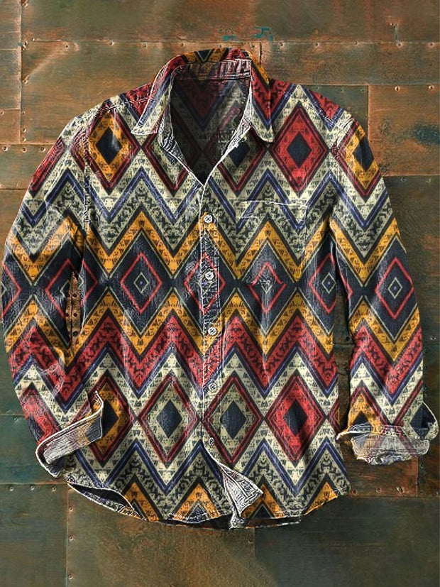 Men's Vintage Western Style Pattern Printed Casual Lapel Long Sleeve Shirt