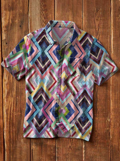 Men's Vintage Western Print Casual Lapel Short Sleeve Shirt