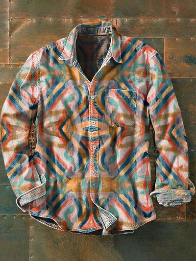 Men's Retro Abstract Print Casual Lapel Long Sleeve Shirt