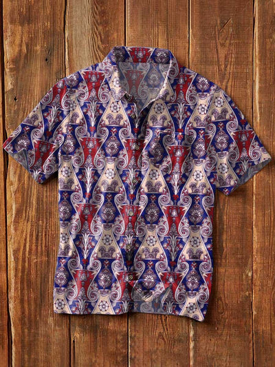 Men's Retro Ethnic Printed Casual Lapel Short Sleeve Shirt