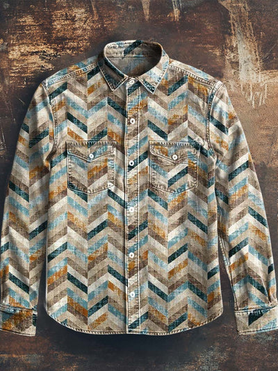 Men's Retro Printed Casual Lapel Long Sleeve Shirt