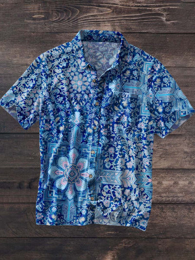 Men's Retro Floral Print Casual Lapel Short Sleeve Shirt