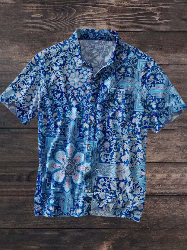 Men's Retro Floral Print Casual Lapel Short Sleeve Shirt