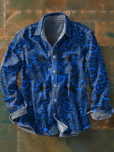 Men's Vintage Line Totem Art Print Long Sleeve Pocket Shirt