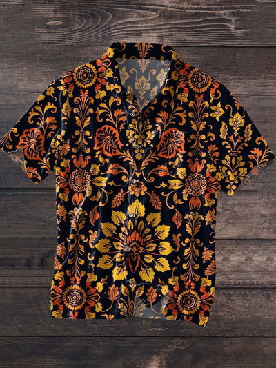 Men's Retro Floral Print Casual Lapel Short Sleeve Shirt