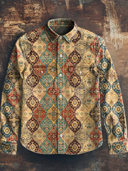 Men's Retro Floral Print Casual Lapel Long Sleeve Shirt