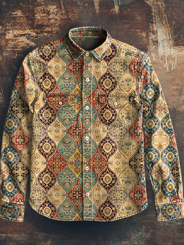 Men's Retro Floral Print Casual Lapel Long Sleeve Shirt