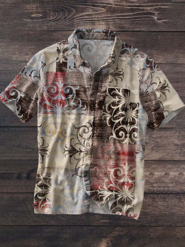 Men's Retro Floral Print Casual Lapel Short Sleeve Shirt