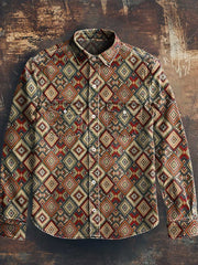 Men's Vintage Western Style Printed Casual Lapel Long Sleeve Shirt