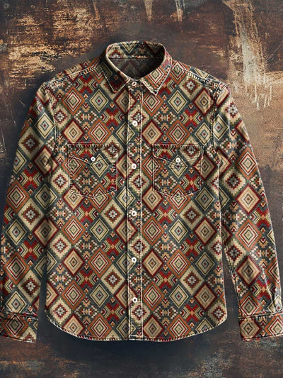Men's Vintage Western Style Printed Casual Lapel Long Sleeve Shirt