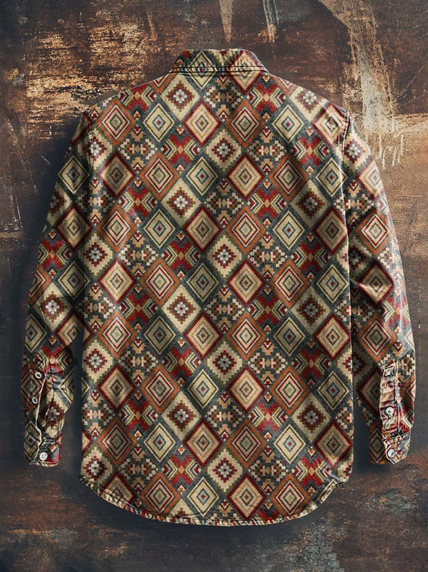 Men's Vintage Western Style Printed Casual Lapel Long Sleeve Shirt