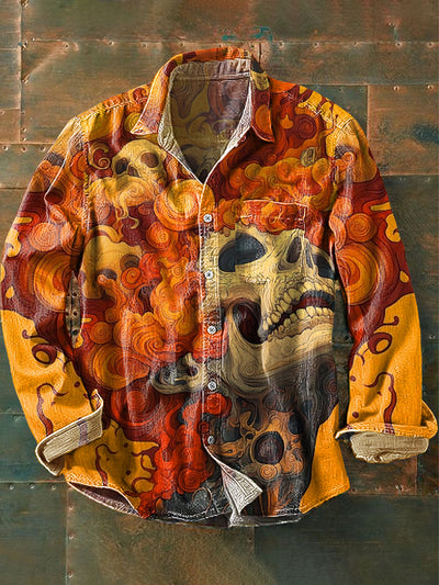 Men's Vintage Skull Meditation Art Print Long Sleeve Pocket Shirt