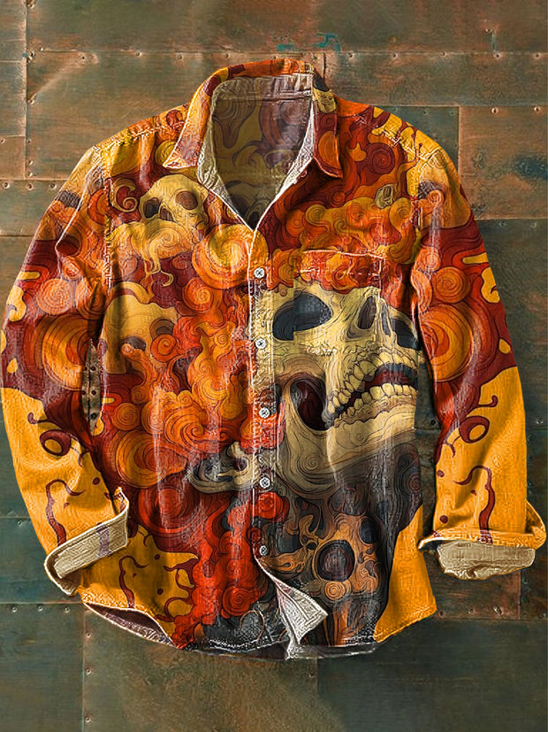 Men's Vintage Skull Meditation Art Print Long Sleeve Pocket Shirt