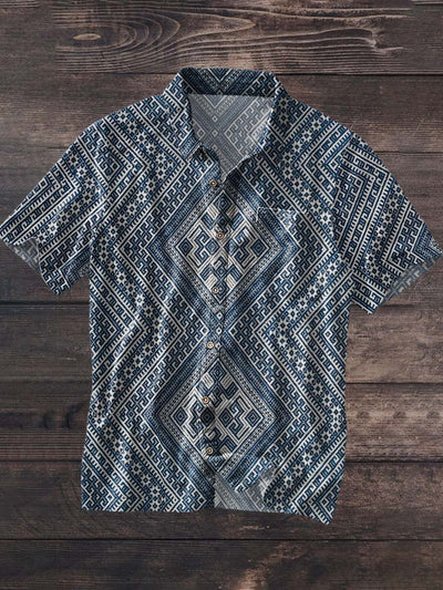Men's Retro Ethnic Printed Casual Lapel Short Sleeve Shirt