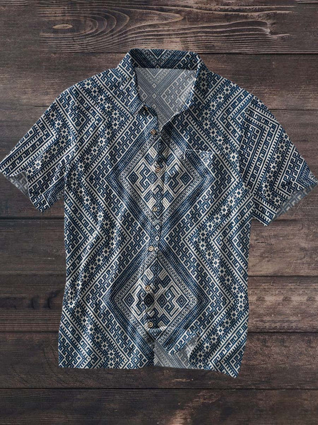 Men's Retro Ethnic Printed Casual Lapel Short Sleeve Shirt