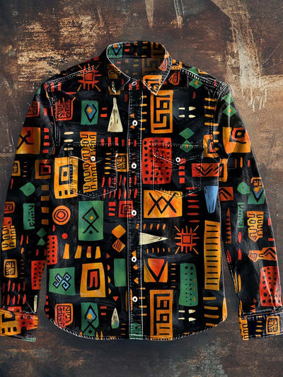 Men's Tribal Ethnic Print Casual Lapel Long Sleeve Shirt