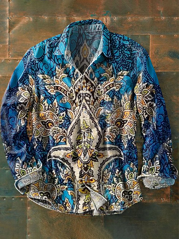 Men's Vintage Symmetrical Floral Art Print Long Sleeve Pocket Shirt