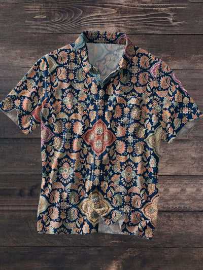 Men's Retro Floral Print Casual Lapel Short Sleeve Shirt