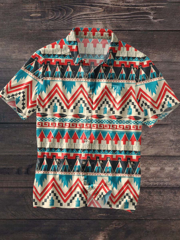 Men's Vintage Western Pattern Print Casual Lapel Short Sleeve Shirt