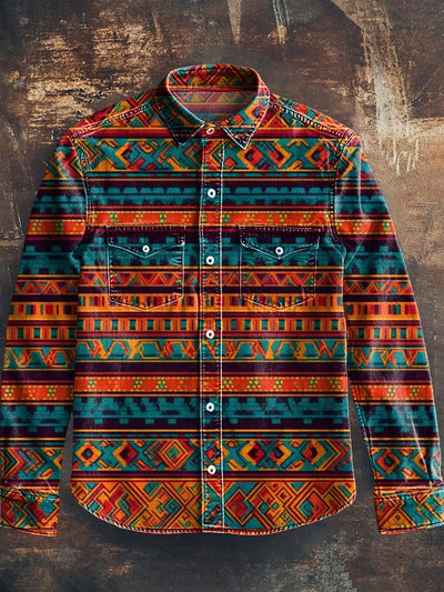 Men's Western Style Printed Casual Lapel Long Sleeve Shirt