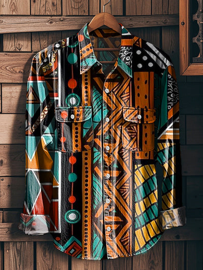 Men's Vintage Ethnic Abstract Art Print Workwear Pocket Shirt