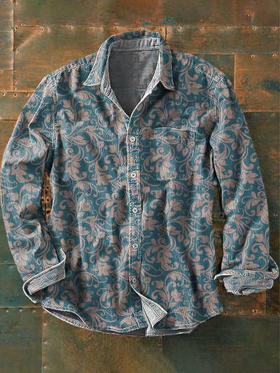 Men's Retro Floral Print Casual Lapel Long Sleeve Shirt