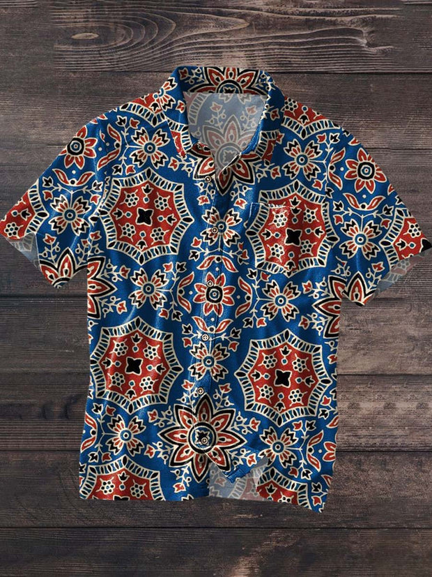 Men's Retro Floral Print Casual Lapel Short Sleeve Shirt